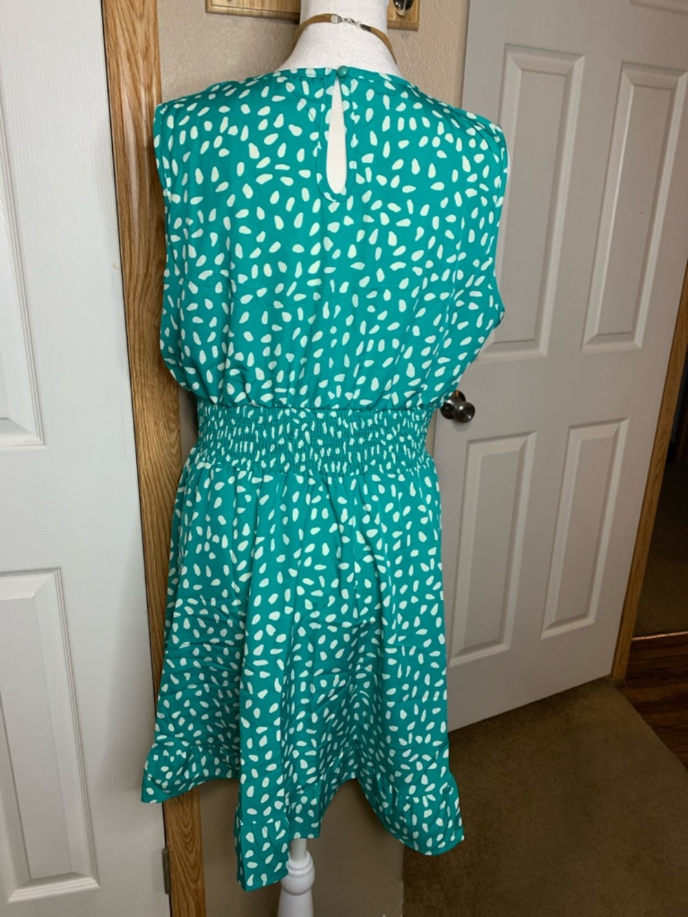 ABSTRACT DOT Teal & White Smocked-Waist Mini Dress - Picture 4 of 6